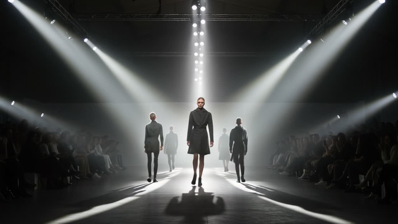 Stunning Fashion Showcase Featuring Models Gracefully Walking the Runway Under Dramatic Lighting, Engaging the Audience with an Exquisite Display of Style and Elegance
