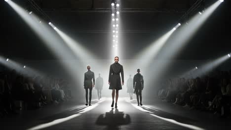 stunning fashion showcase featuring models gracefully walking the runway under dramatic lighting, engaging the audience with an exquisite display of style and elegance