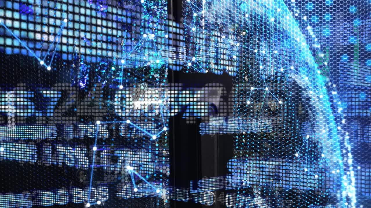 Animation of data processing and shapes on black background