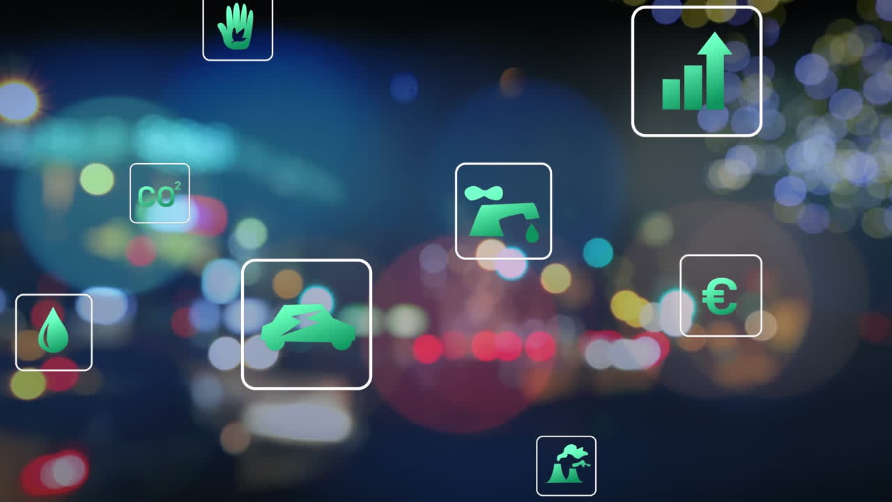 animación de múltiples iconos sobre llamaradas de lente borrosa y vehículos que se mueven por la calle en la ciudad