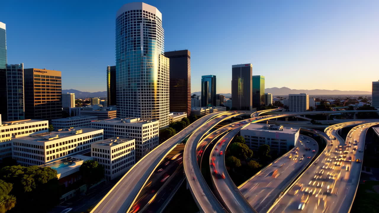 Skyline von Los Angeles bei Sonnenuntergang mit Autobahnverkehr