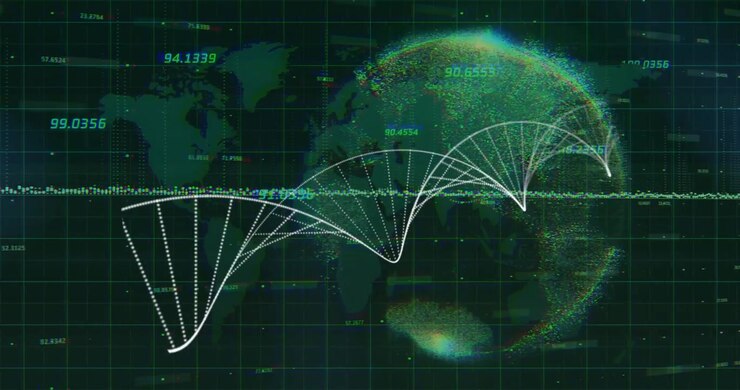 Animation of dna strand, globe and data processing