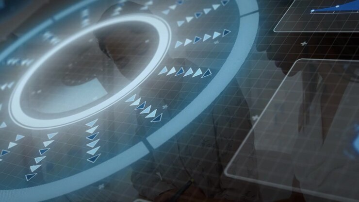 Holo tech UI aktiveres over et gitter, en central ring roterer, pile pulserer, og en globus viser systemdata.