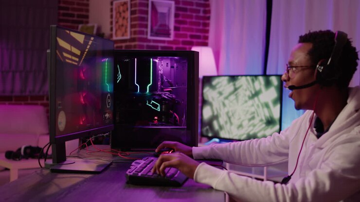 Afroamerikansk mand slapper af med PC gaming setup, mens han spiller online actionspil for flere spillere og taler med sit hold