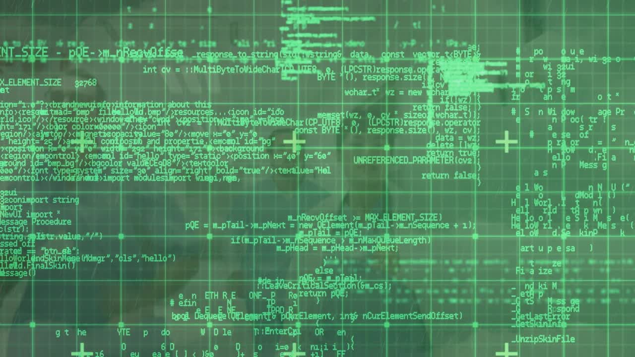 Animation of data processing on digital screen over diverse doctors in rush running in corridor
