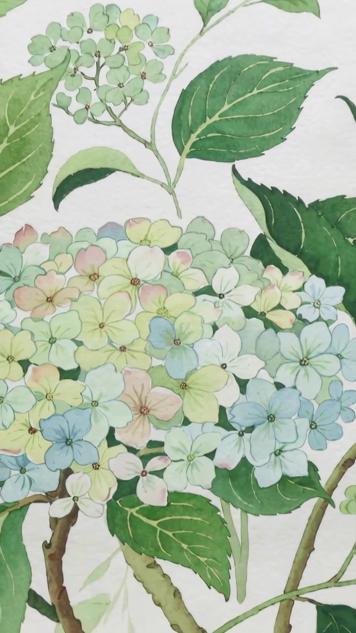 Vertical video: Starting handheld camera panning down revealing watercolor hydrangea and leaves
