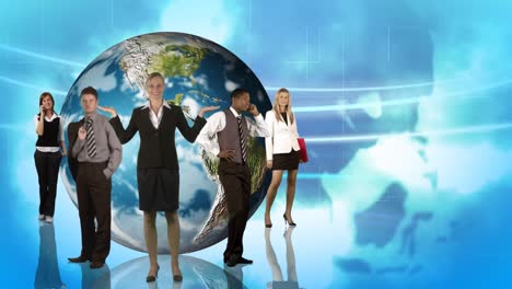 animation of business people posing in front of the planet