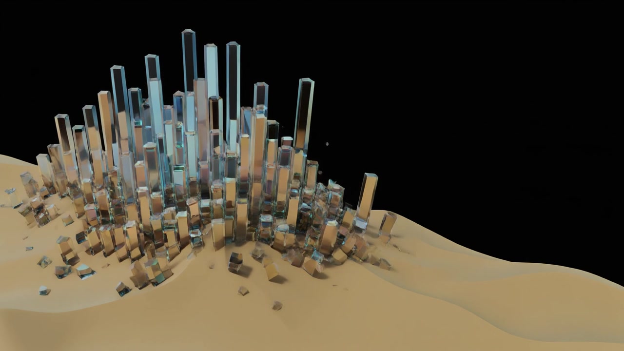 Animazione 3D astratta di pilastri di vetro che sorgono e crollano su dune di sabbia