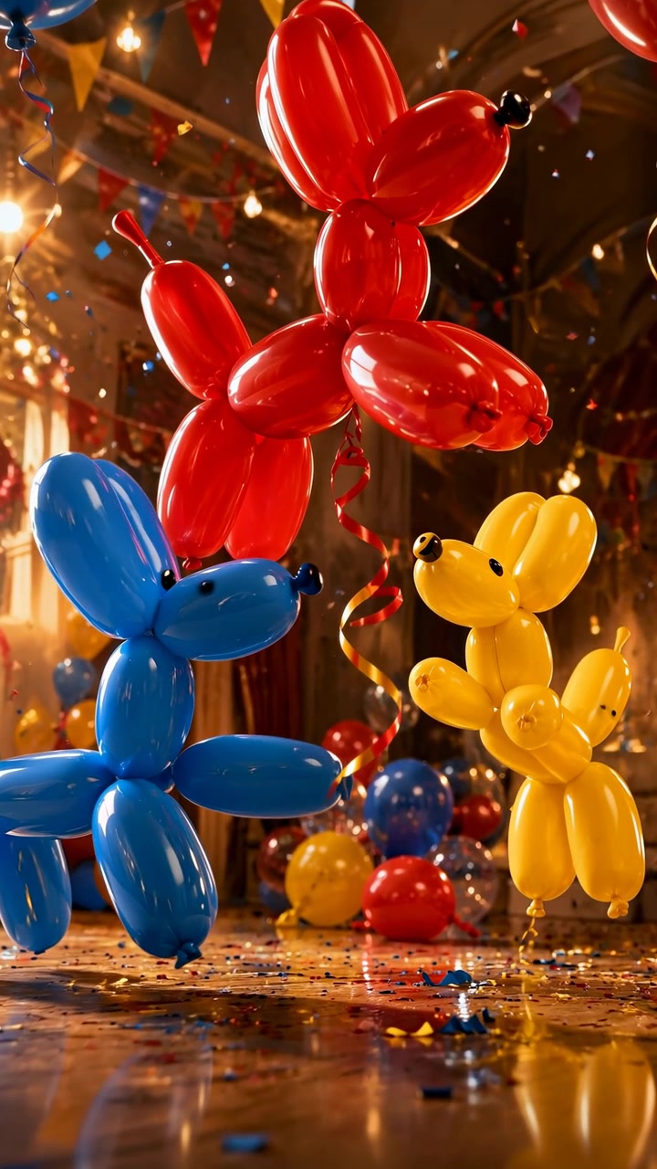 Figure lucide di animali fatti con palloncini in rosso, blu e giallo si ergono tra coriandoli svolazzanti, nastri arricciati e festoni appesi all'interno di uno spazio per celebrazioni illuminato calorosamente, con riflessi sul pavimento lucido e
