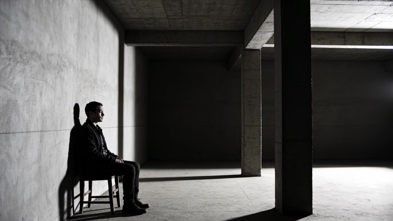 Facing light drawing man in jacket leaning on wooden chair in concrete space, shadow, copy space