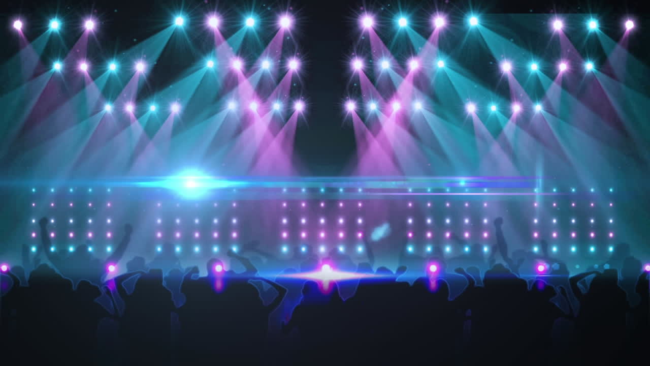 Animation of silhouette crowd dancing at music concert against illuminated stage lights