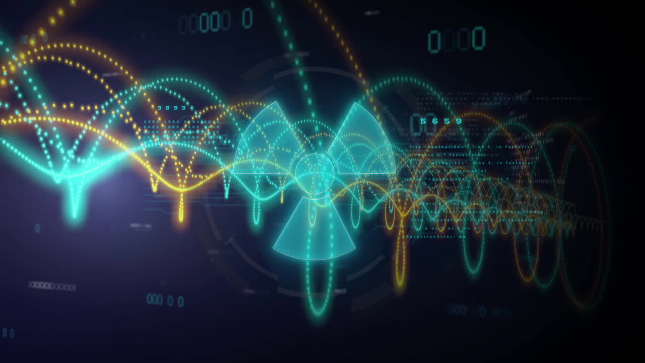 animación del procesamiento de datos y señal de advertencia de radiación sobre fondo negro