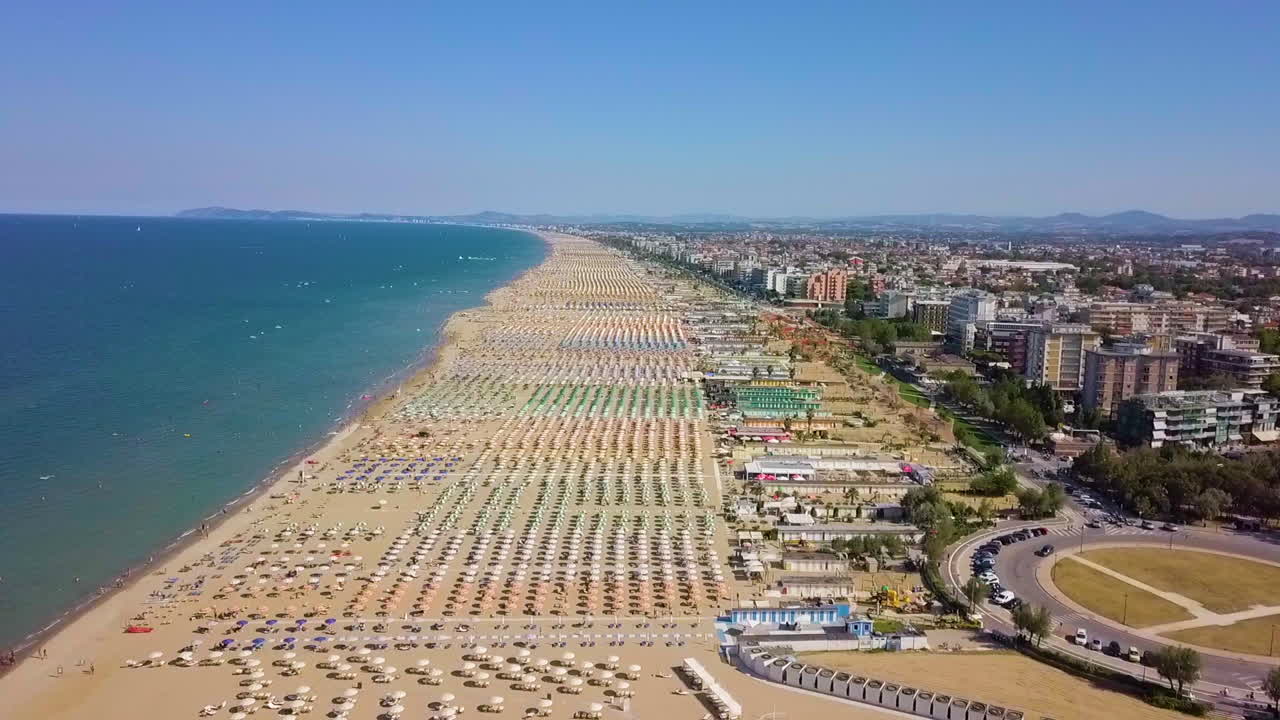 Panoramic View On Rimini Beach On A Sunny Summer Day In Italy - aerial shot