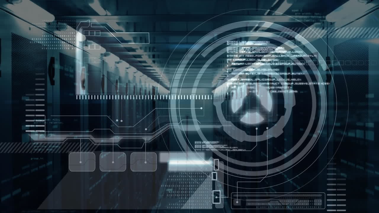 Data processing animation over server room with digital interface elements