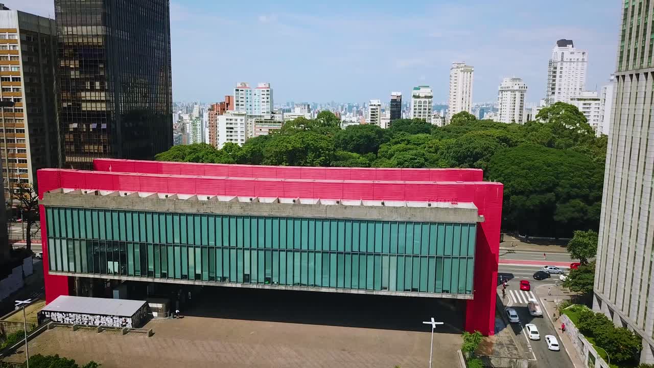Slow opening aerial drone shot of Masp Museum and Paulista avenue in S&atilde;o Paulo