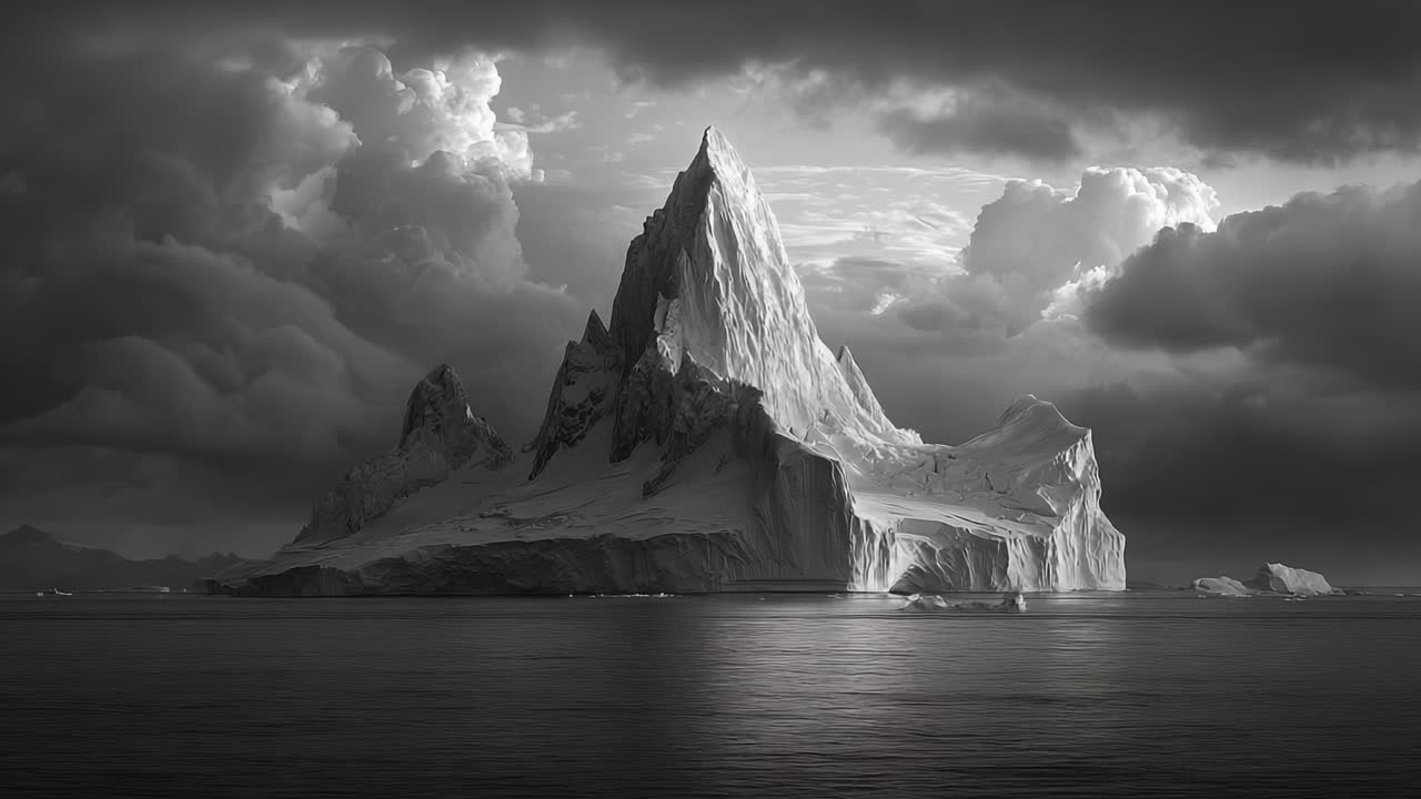 Majestic Iceberg Surrounded by Dark Clouds and Calm Waters, Capturing the Beauty of Nature in a Stunning Black and White Scene