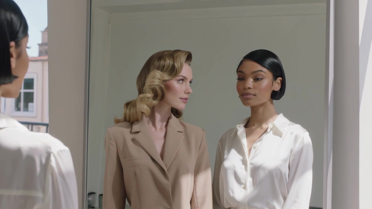 Exchanging looks two models tightening poses at studio mirror, beige blazer, white blouse for shoot