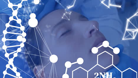 animation of dna, scientific data processing over caucasian woman before surgery