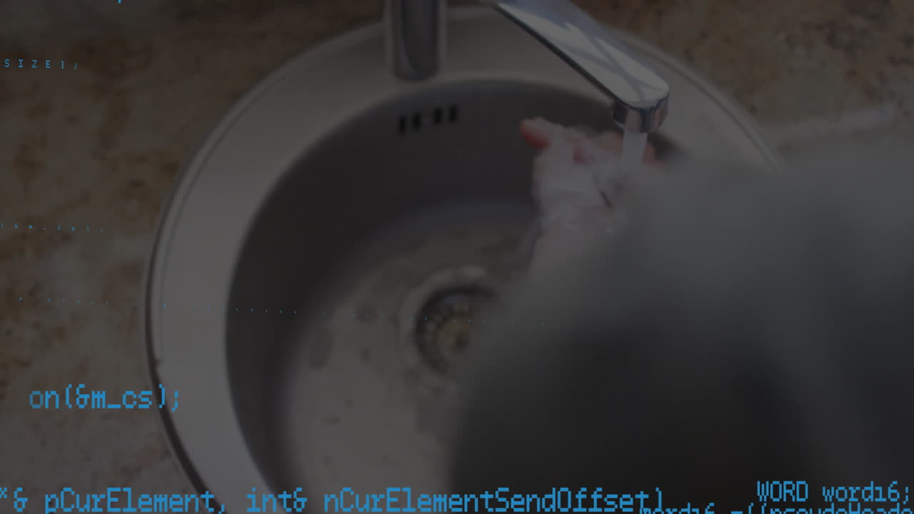 animación de procesamiento de datos sobre mujer caucásica lavándose las manos