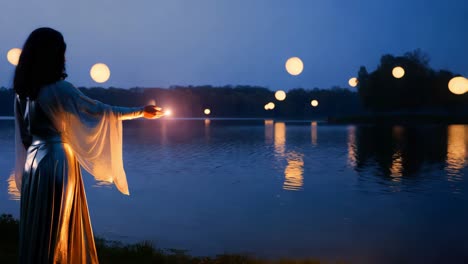 woman by a lake at night with glowing orbs