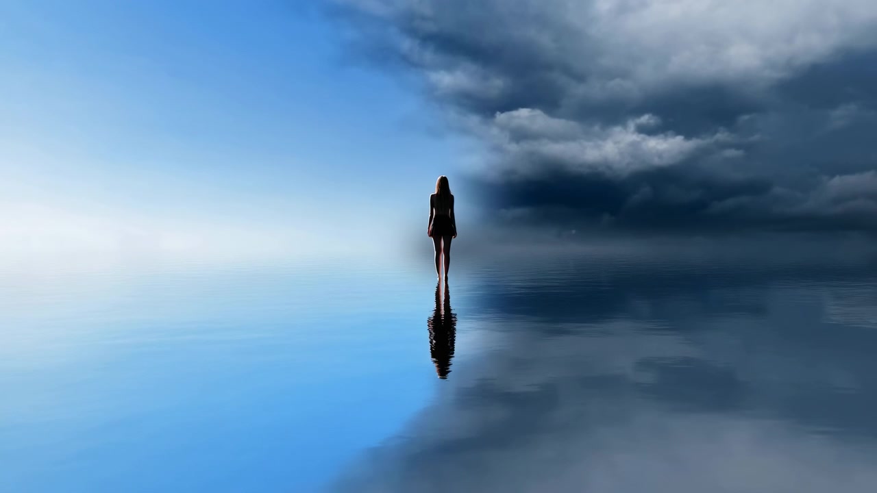 Silhouette On Mirrored Water, Stormy Sky. Solitary Traveler Pauses On Endless Reflective Surface As Dark