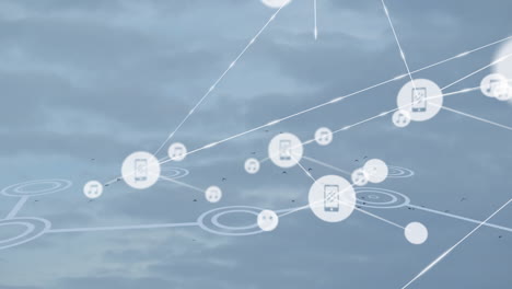 animation of network of connections with digital icons over clouds