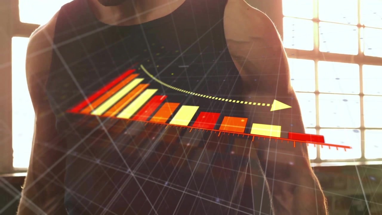 Fitness enthusiast holding waist-height dumbbell starting bar chart fading on torso showing decline