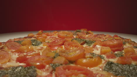 Close-up-macro-view-of-an-artisan-pizza-coming-fresh-out-of-the-oven