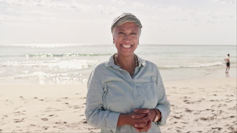 face, relax and elderly woman at a beach