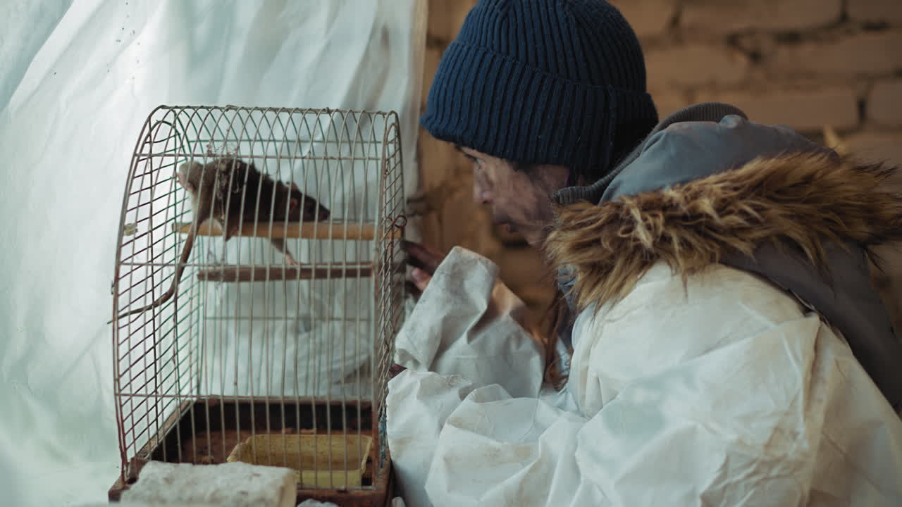 Minor wearing winter coat and beanie intently watches rat climb metal bars inside rusty cage, set against cold brick wall and soft light, evoking mood of curiosity, struggle, and quiet resilience