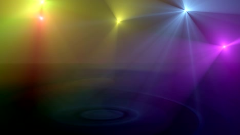 glowing spinning spotlights 3d realistic footage. bright color beams on stage rotating movement animation. green, white and violet floodlight on floor. lamps in dark room abstract looped video