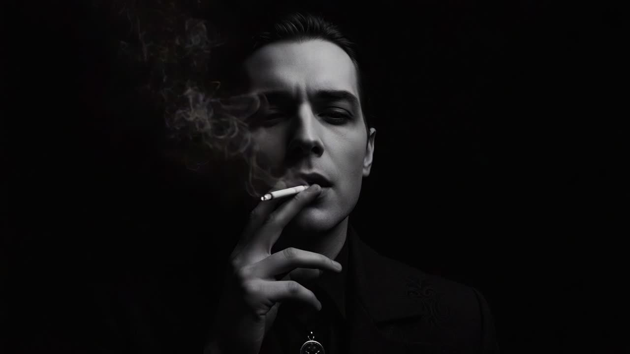A Captivating Portrait of a Sinister Figure, Smoke Wisps Encircling Him in Shadows, Evoking Mystery and Intrigue in This Stunning Monochrome Scene