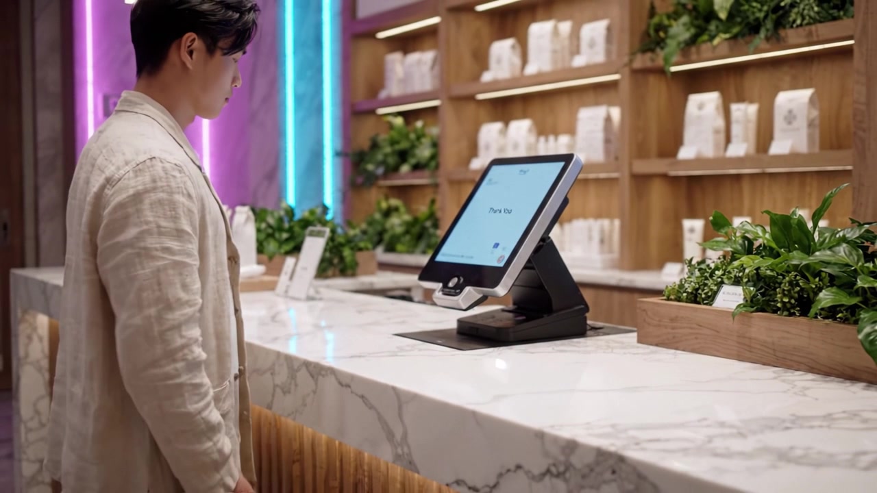 Un cliente utilizando un quiosco digital moderno para pagar mientras explora una tienda elegante llena de productos para el cuidado de la piel, mostrando tecnología e interacción con el consumidor
