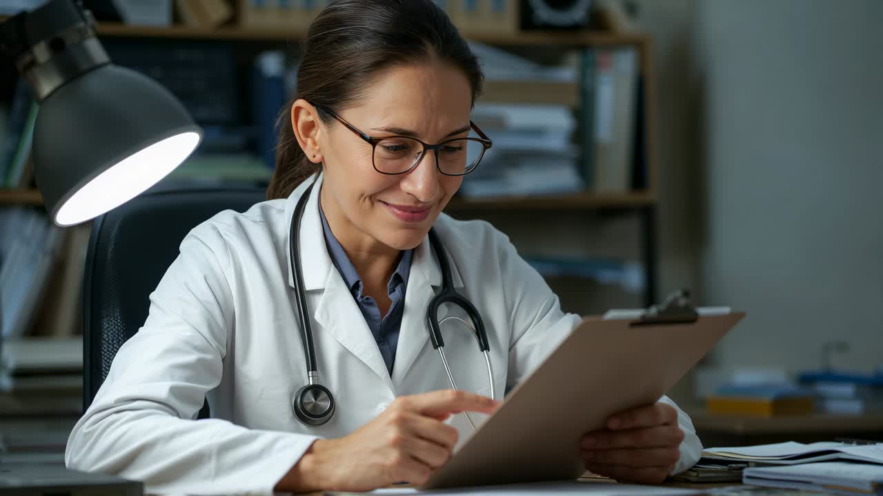 Noticing clipboard, doctor in lab coat with stethoscope reading, pointing, checking records at desk
