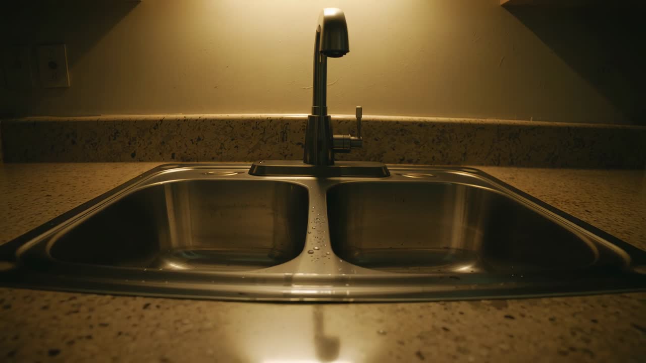 Cámara alejándose mostrando un grifo de acero de doble fregadero en la encimera de la cocina, resaltando un brillo cálido.