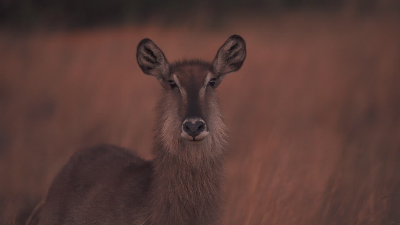 antelope antílope peludo doe en la sabana al anochecer mirando a la cámara