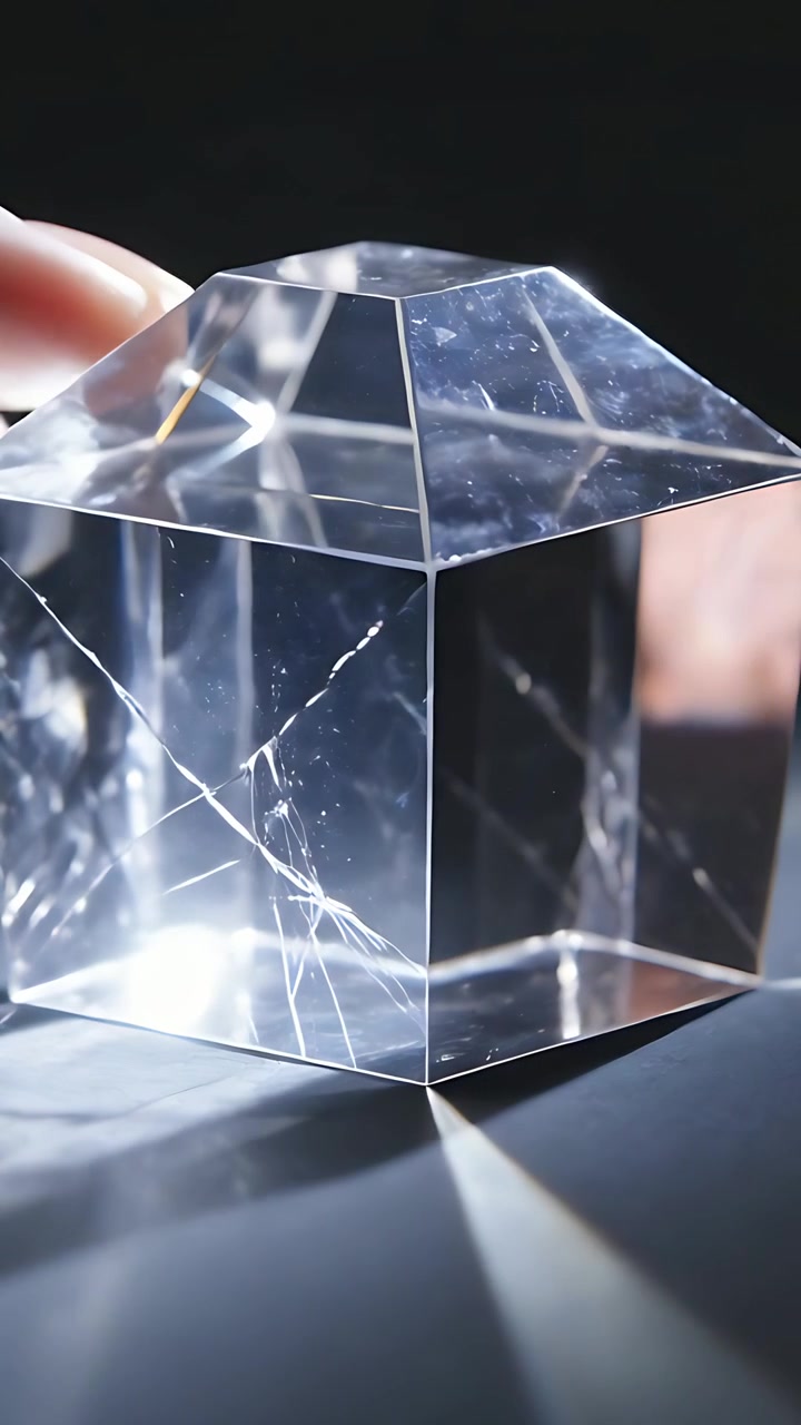 Vertical video: Finger entering from upper-left turning crystal on dark table, revealing cracks