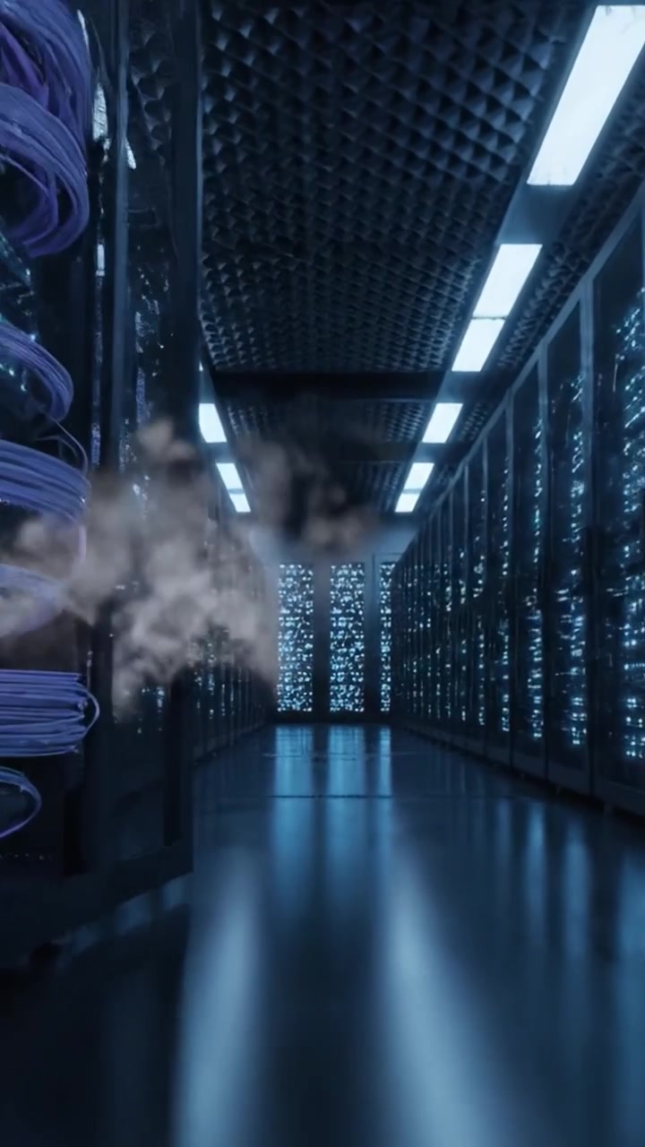 A Glimpse into a High-Tech Data Center: Exploring the Structured Aisles Filled with Server Racks and Illuminated Network Components