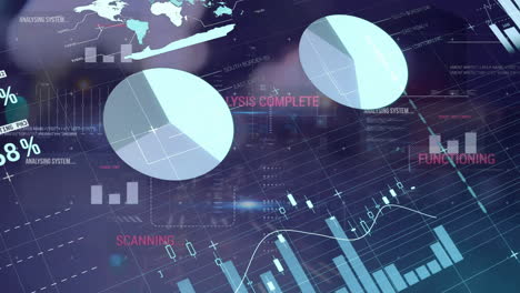 animation of data processing on charts and graphs over bokeh city street at night