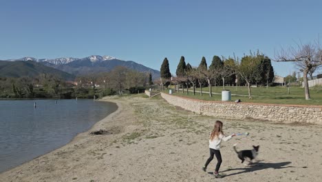 female child playing fetch with her family black and white dog near a lake