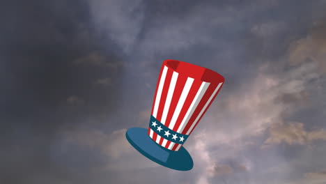 animation of hat in american flag colours over stormy sky