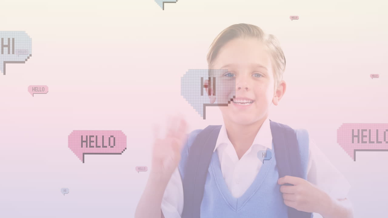 행복한 백인 소년 위에 말하는 거품에서 떨어지는 하이 텍스트의 애니메이션