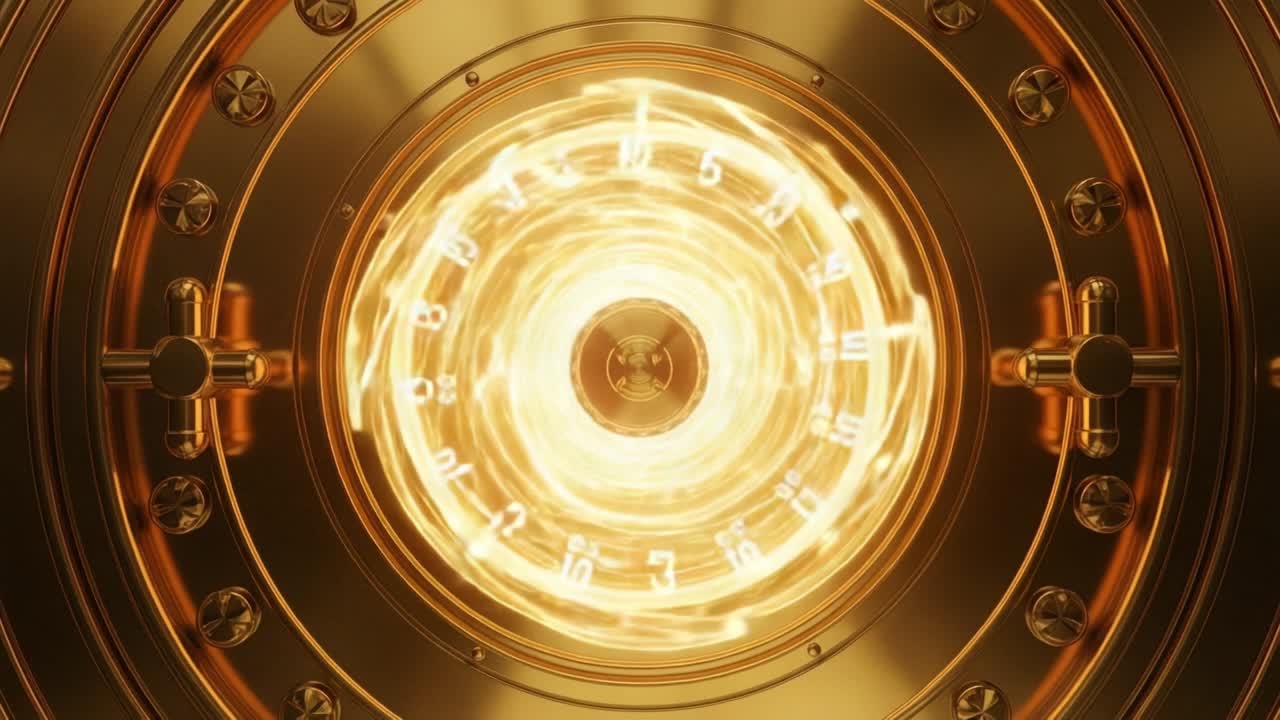Sparkling Golden Energy Swirls Through a High-Tech Vault, Illustrating the Concept of Security and Protection in a Futuristic Environment