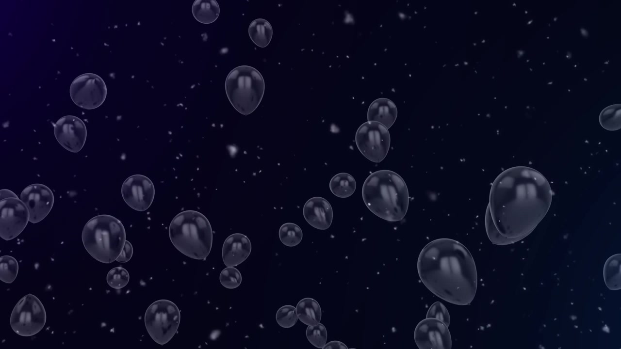 Animaatio lumisateesta ja ilmapalloista mustalla taustalla.