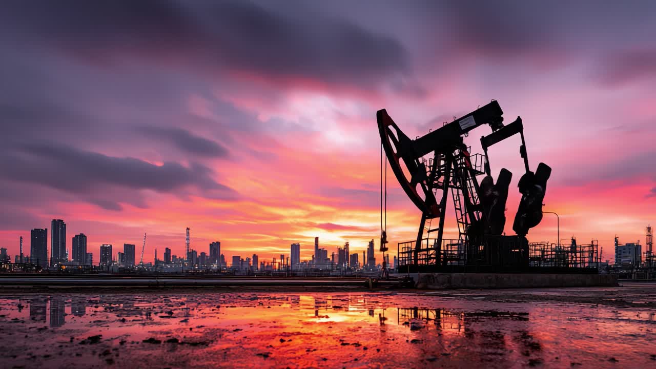 A stunning sunset casts a vibrant glow over a silhouetted oil pump jack amidst a sprawling city skyline, symbolizing the intersection of industry and nature's beauty