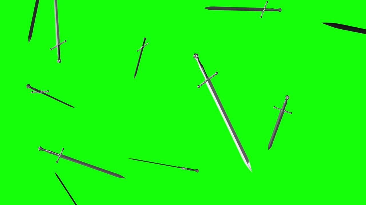 Medieval steel swords falling from sky on a green screen