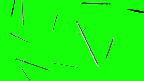 espadas de acero medievales cayendo del cielo en una pantalla verde