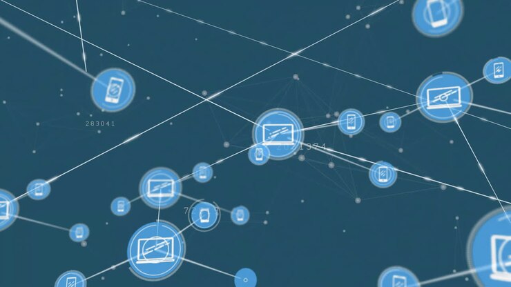 Animation of network of connections with devices icons over blue background