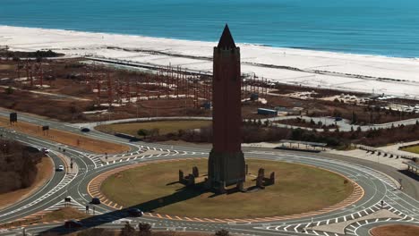 An-aerial-view-of-the-water-tower,-known-as-the-pencil-at-Jones-Beach-on-Long-Island,-NY