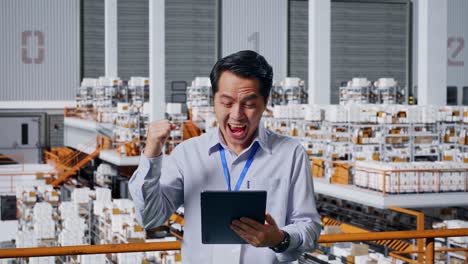 warehouse worker celebrating success with tablet